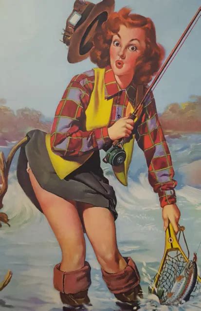 VINTAGE 1950 S GIL Elvgren Redhead Pin Up Girl Fishing Litho Print 12
