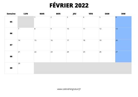 Calendrier Février 2022