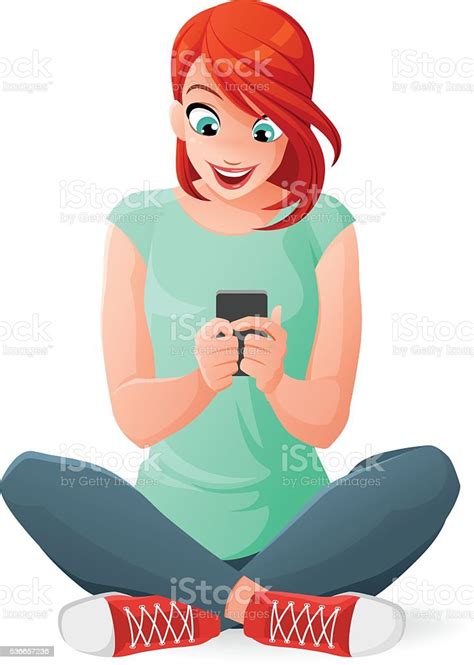 Young Woman Communicating With Her Mobile Phone Vector Illustration