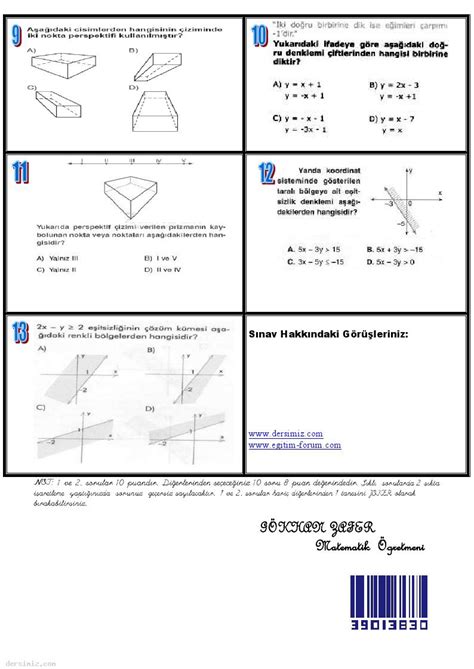 8.Sınıf matematik dersi 2.dönem 3.yazılı sınav soruları