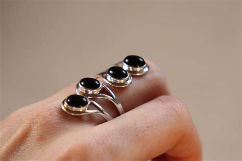 4 Stone Black Onyx Ring Adjustable 925 Sterling Silver Ring