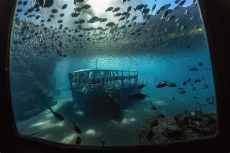 Submersible Cruising Through Submerged Caves With Schools Of Fish