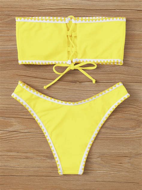 Whip Stitch Lace Up Bandeau Bikini Swimsuit Select And You