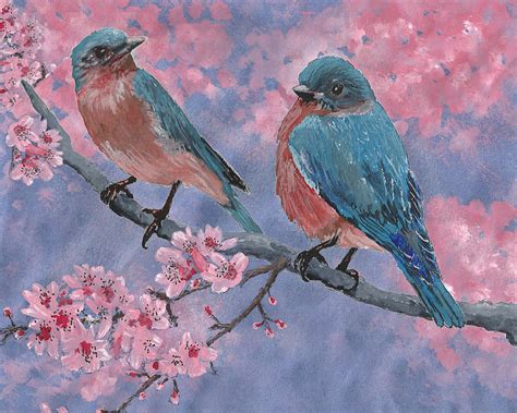Bluebirds And Cherry Blossoms Painting By Forrest C Greenslade Phd