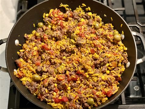 Here's a simple recipe with only 6 ingredients. Mexican Rice with Ground Beef, Diced Tomatoes, Corn, Green ...