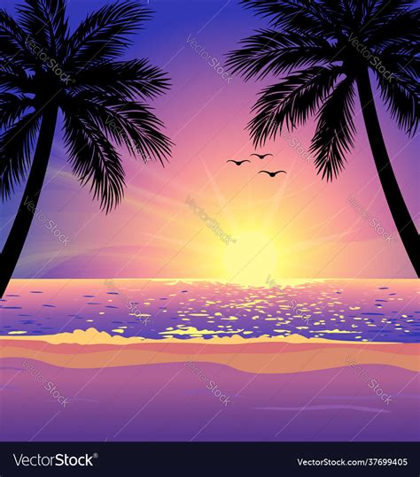 Warm Tropical Beach Sunset With Palm Trees Vector Image