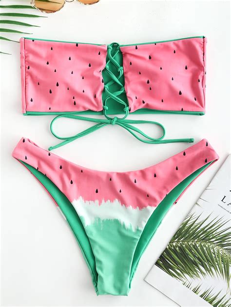 70 Off 2021 Zaful Lace Up Watermelon Reversible Bikini Set In Clover
