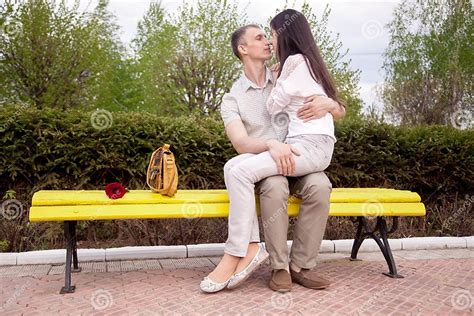 Couple Kissing On Bench Stock Photo Image Of Lover Holding 60836536