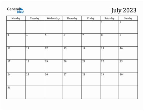 July 2023 Monday Start Calendar Pdf Excel Word