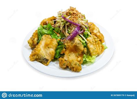 Top View Of Deep Fried Seabass Sweet Basil Chili Sauce Focus Selective Stock Image Image Of