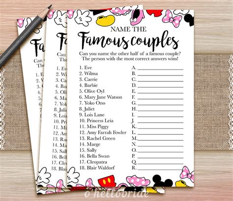 Name The Famous Couple Game Printable Disney Bridal Shower Etsy