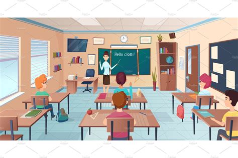 Lesson In Classroom Pupils At Desks Background Graphics ~ Creative Market