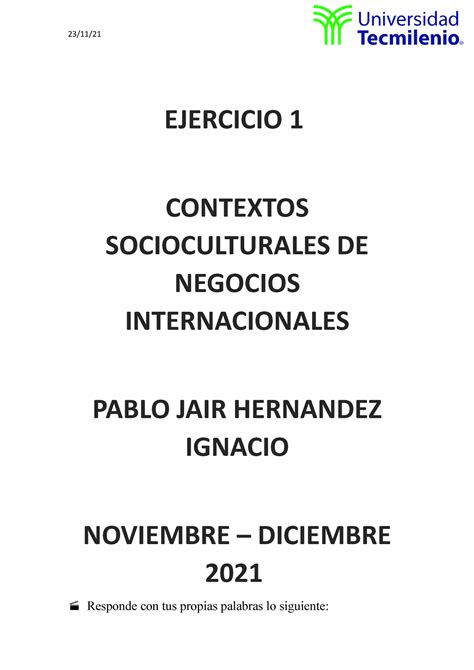 Ejercicio 1 Contextos Socioculturales De Negocios Internacionales