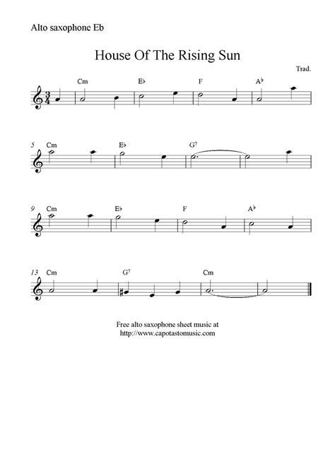 House Of The Rising Sun Free Alto Saxophone Sheet Music Notes