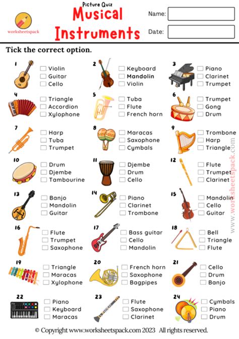 Musical Instruments Esl Images Quiz Worksheetspack