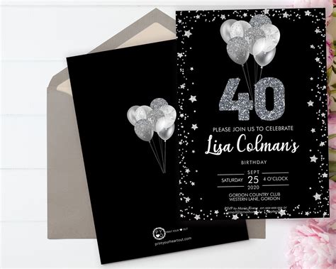 Diy 40th Birthday Balloons Invitation Printable Template Etsy Uk