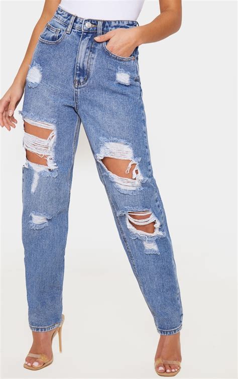 Prettylittlething Petite Mid Blue Distress Mom Jeans