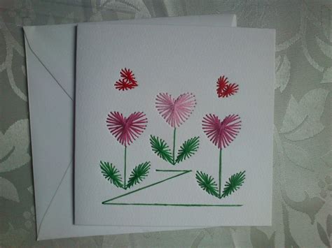 Paper Embroidery Greeting Card Hearts Design On A White Square Card