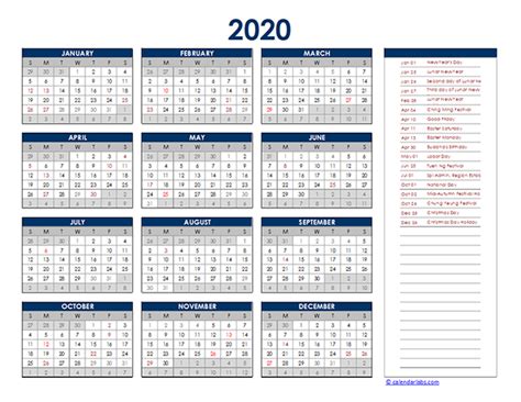 2020 Hong Kong Yearly Excel Calendar Free Printable Templates