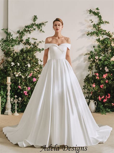 Off The Shoulder Ball Gown Satin Wedding Dress Adela Designs