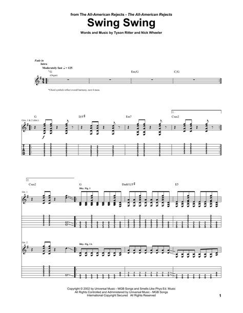 swing swing sheet music the all american rejects guitar tab