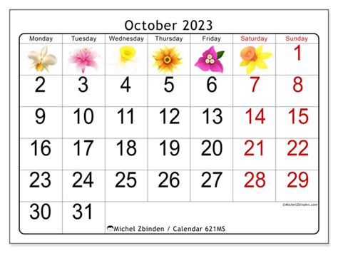 Calendar October 2023 Flowers Ms Michel Zbinden Ca