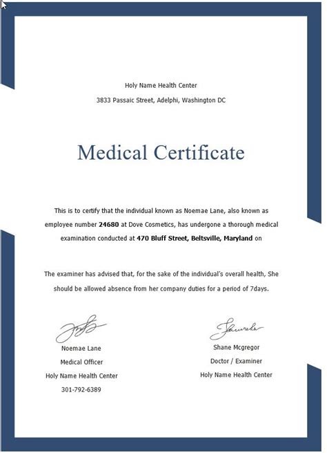 Medical Certificate Sample Certificate Format Doctors Note Template