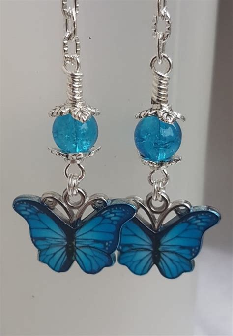 Gorgeous Dangly Blue Butterfly Earrings Silver Tones Etsy