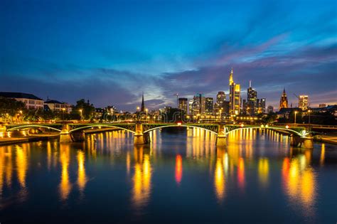 Illuminated Frankfurt Skyline At Night Editorial Photo Image Of