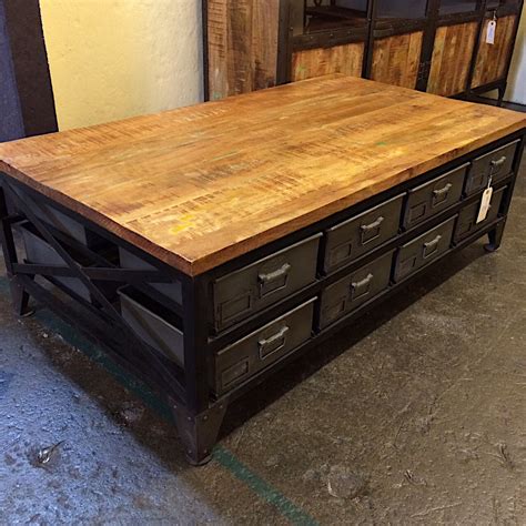 Industrial Sixteen Drawer Iron And Wood Coffee Table Kudzu Antiques