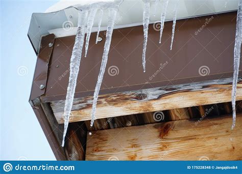 Close Up Melting Icicles Hanging From A Roof At Thaw Weather Stock