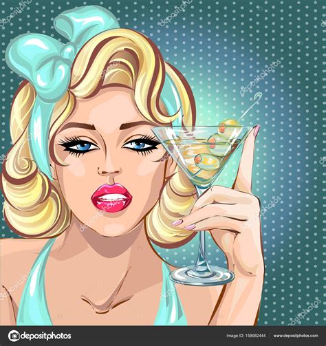 Pin Up Sexy Blonde Woman Drinking Martini Pop Art Girl Portrait
