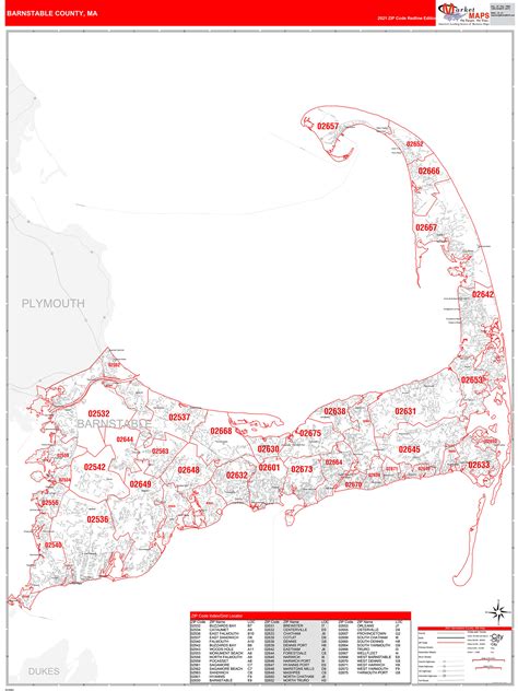 Barnstable County Ma Zip Code Wall Map Red Line Style By Marketmaps