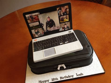 This epic computer birthday cake will have a fondant laptop centrepiece on a rectangular vanilla cake, with a colourful striped base. Laptop Cake! All edible! | Gateau