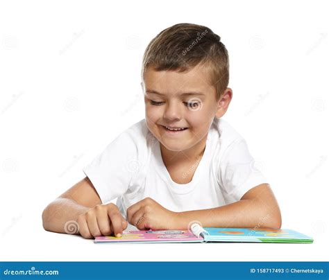 Cute Little Boy Reading Book On White Stock Image Image Of Clothes