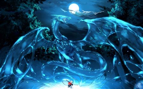 Wallpaper Water Anime Boy Dragon Moonlight Fantasy Night