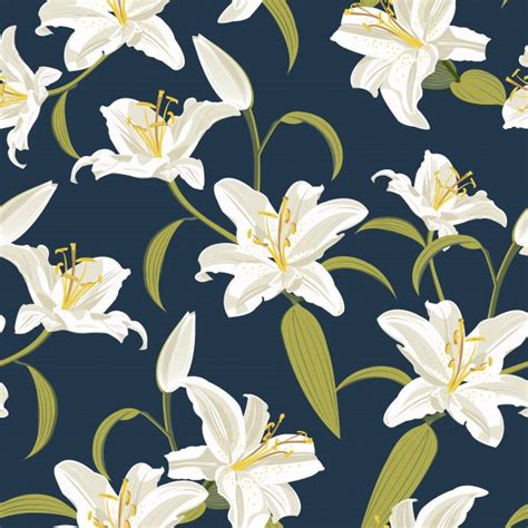 Lily Flower Seamless Pattern On Blue Background Blue Backgrounds