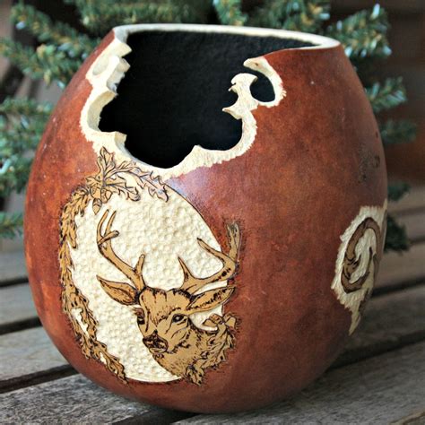 Handmade Decorative Gourd Arthand Carvedwoodland Cabin Etsy