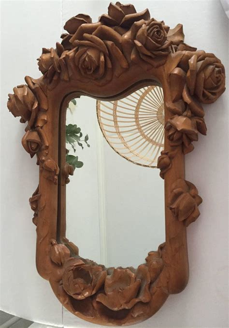 Masterly Carved Wood Art Wall Mirror Frame With Roses Blooming Flowers