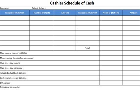 Excel Of Cashier Schedule Of Cash Xls Wps Free Templates