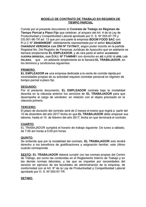 Modelo De Contrato A Tiempo Parcial Modelo De Contrato De Trabajo En