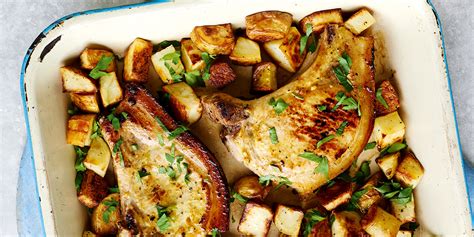Toss potatoes with pan juices. Pork chops and roast potatoes - Recipes - Co-op