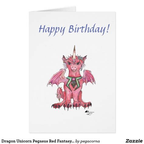 Dragon Unicorn Pegasus Red Fantasy Birthday Card Unicorn