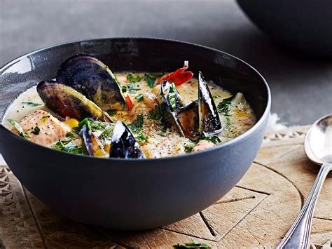 Delicious Seafood Chowder With Mussels In A Rich Broth Served With