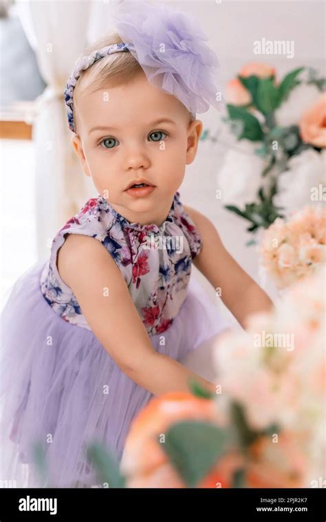 Baby Girl Elegant Dress A One Year Old Girl In A Puffy Dress And A