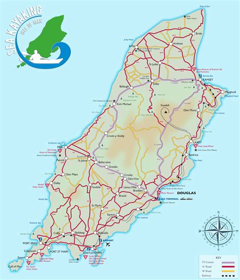 Philip's isle of man map with tt course highlighted. Locations - Sea Kayaking - Isle of Man