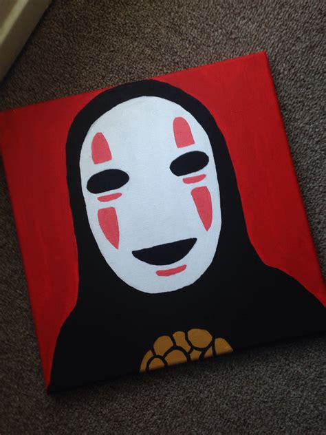 A Painting Of A Person Wearing A Mask On Top Of Carpeted Floor Next To Wall