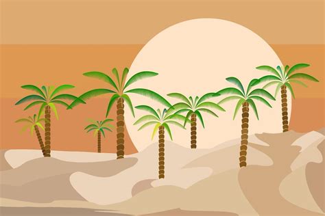 Desert Landscape With Palm Trees And Sun Setting On The Horizon Flat