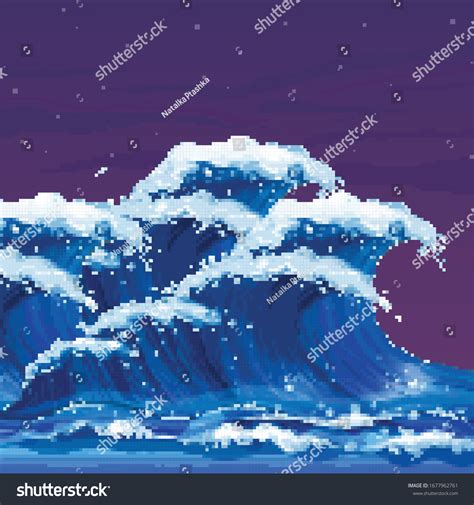 Pixel Night Sea Waves Summer Pixel Stock Vector Royalty Free