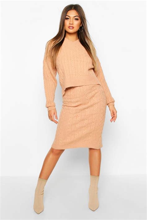 Cable Knit Skirt Two Piece Set Boohoo Cardigan Sweaters For Women